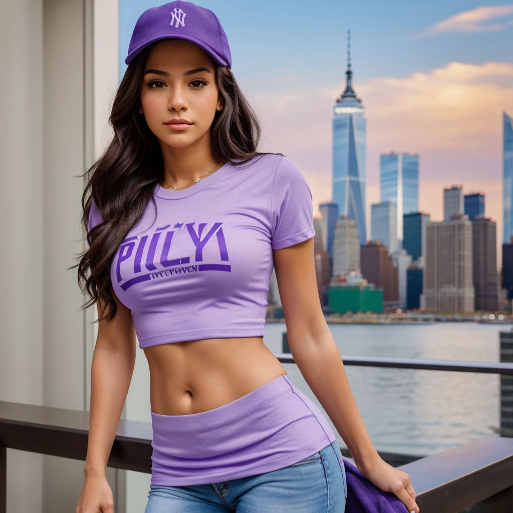 Professional looking photo mockup for a Bella canvas t shirt, a adult age 22 urban hispanic woman wearing a plain, heather team purple color t shirt and a yankee hat, front  view for the photo, a NYC  background that has a blurred portrait effect 