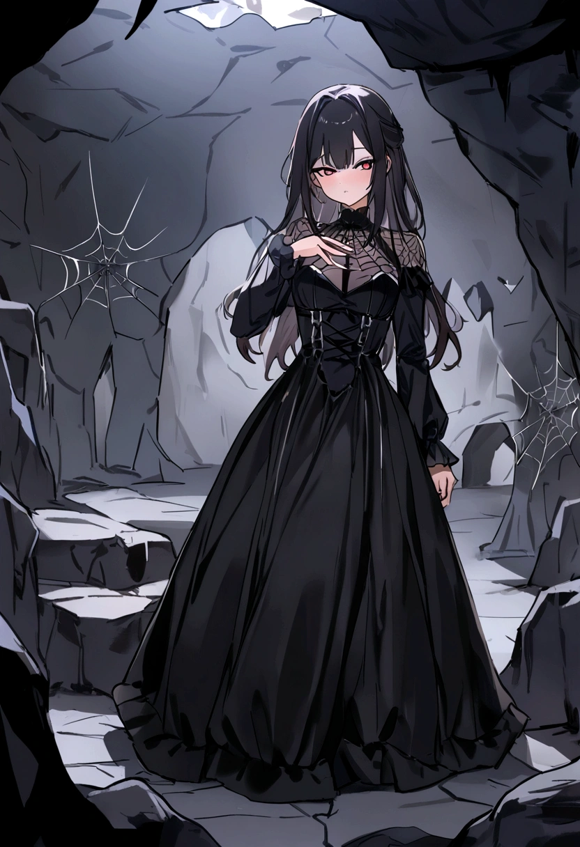 ((Masterpiece, best quality,edgQuality))
edgGD, long hair,wearing edgGD goth dress,dark hair,(( cave background,dungeon,spider webs))
 