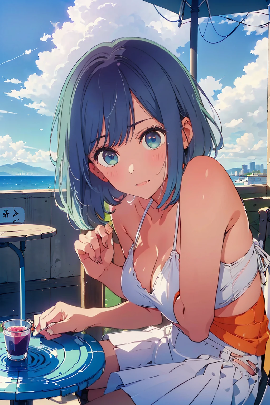 (Highest quality:1.4、8K:1.4、detailed)、F cup bust、Big Breasts、Slim body、Very white beautiful skin、((((1 person、Surprised expression、sit、Chair、In the background are the urban buildings of Tokyo、looking at the camera、Outdoor café terrace、coastal、Navy hair color、juice、White side string high leg bikini、Shooting up close、Shooting from an angle、table、Very cute face))))、(Pose of putting hair behind ears with both hands:1.4)、Very blue sky、A completely cloudless sky