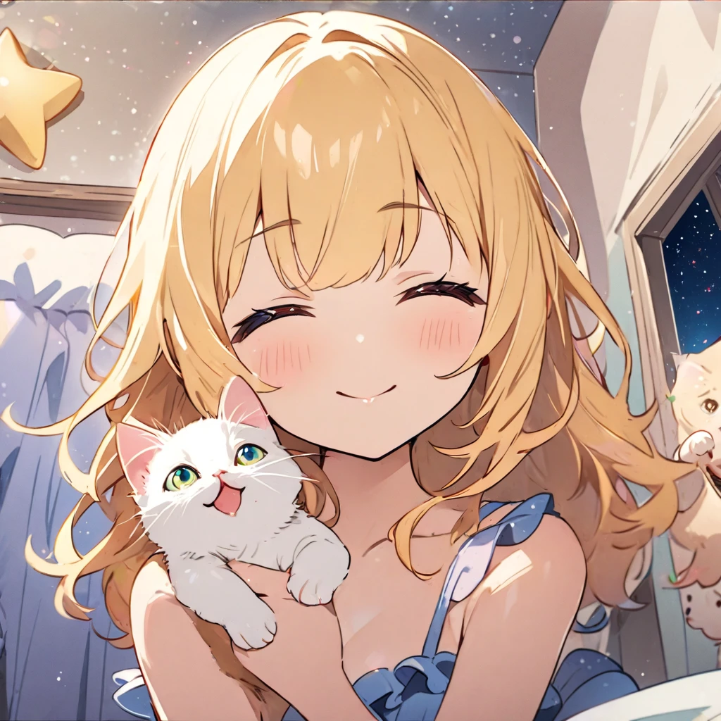 masterpiece、Highest quality、Depth of subject、２D illustration、1 beautiful girl、独奏, (((chibi style)))、cute chibi, lovely chibi, ((night)), ((window)), ((starry sky)), Long, beautiful hair、shiny blonde hair、cute、Beautifully detailed eyes、((mini skirt))、((colorful))、Camisole dress、((happy smile))、((closed eyes)), sitting on bed, ((close up shot))、((Holding a kitten)), ((in the room))、((There&#39;s a lot of pink around))、((bed))、Thighs、((vivid color))、sparkle、((Lens flare))、