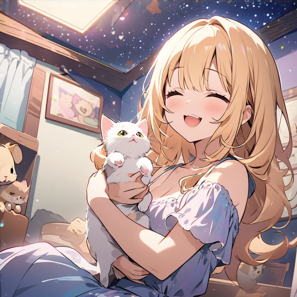 masterpiece、Highest quality、Depth of subject、2D illustration、1 beautiful girl、独奏, (((chibi style)))、cute chibi, lovely chibi, ((night)), ((window)), ((starry sky)), Long, beautiful hair、shiny blonde hair、cute、Beautifully detailed eyes、((mini skirt))、((colorful))、Camisole dress、((happy smile))、((closed eyes)), sitting on bed, ((close up shot))、((Holding a kitten)), ((in the room))、((There's a lot of pink around))、((bed))、Thighs、((vivid color))、sparkle、((Lens flare))、