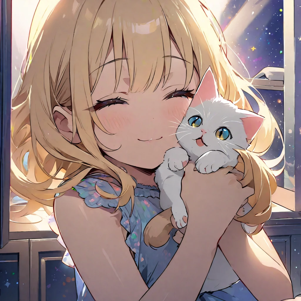 masterpiece、Highest quality、Depth of subject、２D illustration、1 beautiful girl、独奏, (((chibi style)))、cute chibi, lovely chibi, ((night)), ((window)), ((starry sky)), Long, beautiful hair、shiny blonde hair、cute、Beautifully detailed eyes、((mini skirt))、((colorful))、Camisole dress、((happy smile))、((closed eyes)), sitting on bed, ((close up shot))、((Holding a kitten)), ((in the room))、((There&#39;s a lot of pink around))、((bed))、Thighs、((vivid color))、sparkle、((Lens flare))、