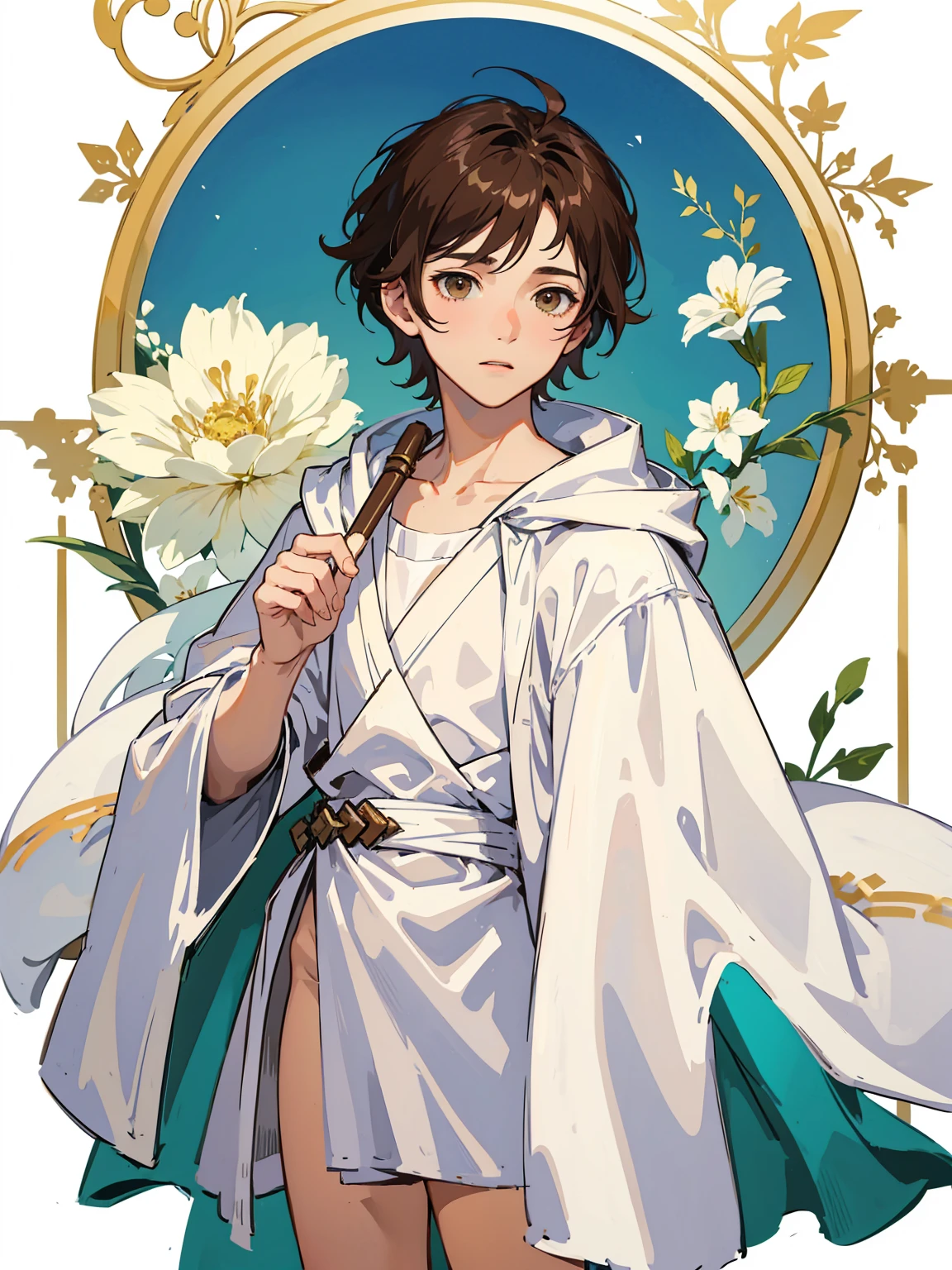 {{{visual novel sprite}}}, {{{white background}}}, (((1male))), short dark brown hair, brown eyes, cute, pretty, white Greek tunic, open robes, small penis,