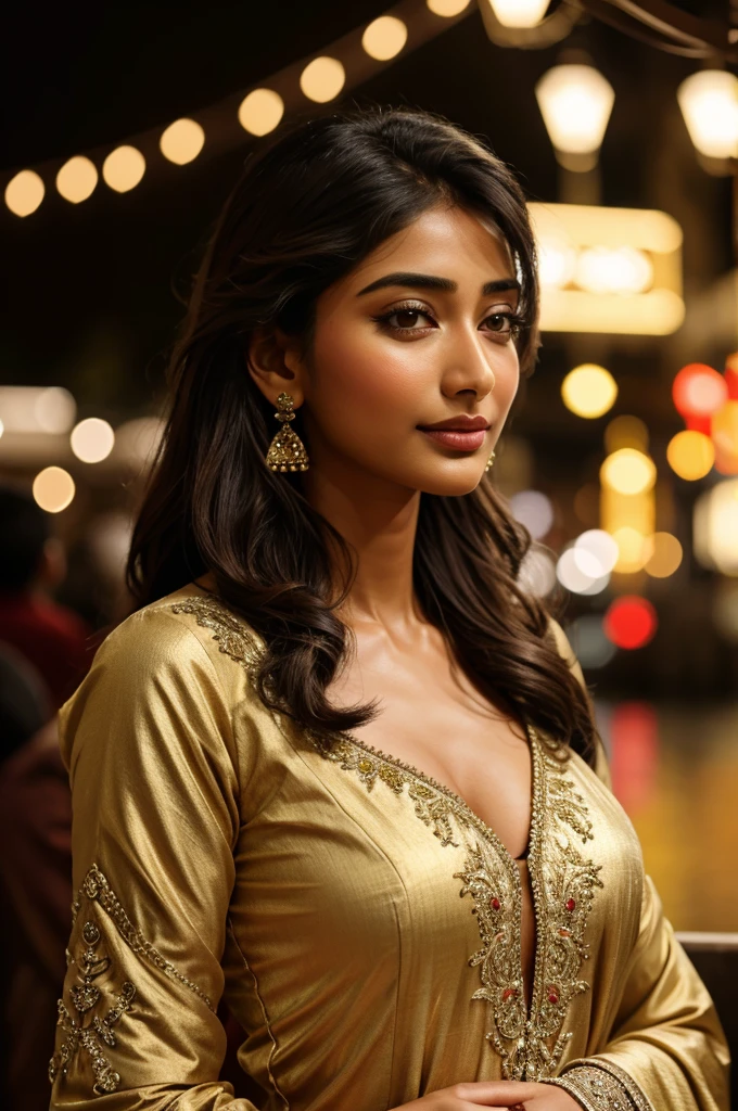 masterpiece, Best Quality, Photorealistic, Ultra-detailed, finedetail, hight resolution, 8k Wallpapers, 1 beautiful woman, face of actress pooja hegde, indian shalwar qameez, in a tarrace, At night, light brown messy hair, Perfect dynamic composition, Beautiful detailed eyes