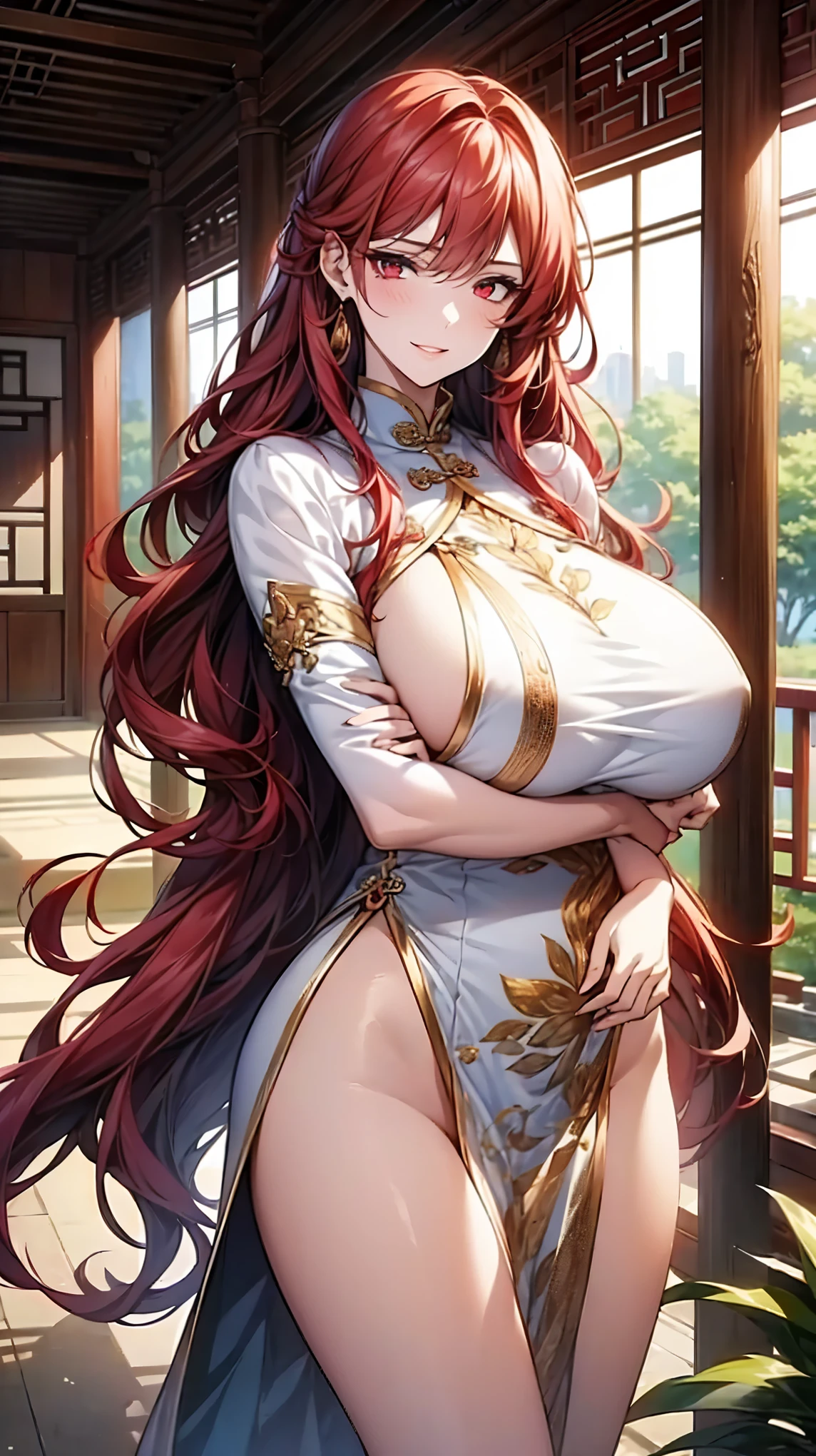(art: 1.2), (best quality: 1.2) 1 woman, mature, tall (1.85 cm), slender body, appeared to be around 18 years old, had long red hair, straight and shiny hair, tied in a Taotist style Chinese, blood red eyes, extremely detailed eyes, perfect eyes, extremely realistic eyes, well-aligned eyes, long eyelashes, anime style, perfect face, mature face, full lips, smiling, mature, fair skin, natural body, SEXY BODY, mature body, perfect hands, detailed hands, hands well proportioned to the body, realistic hands, arms with good anatomy, she only wore a white Chinese style dress decorated in gold and silver that still couldn't hide her extremely large and huge breasts that were hanging down due to to their size, thick thighs, wide hips, looking at the viewer, background scene, scene of a Chinese-style pavilion hall, posing alone Looking at the viewer