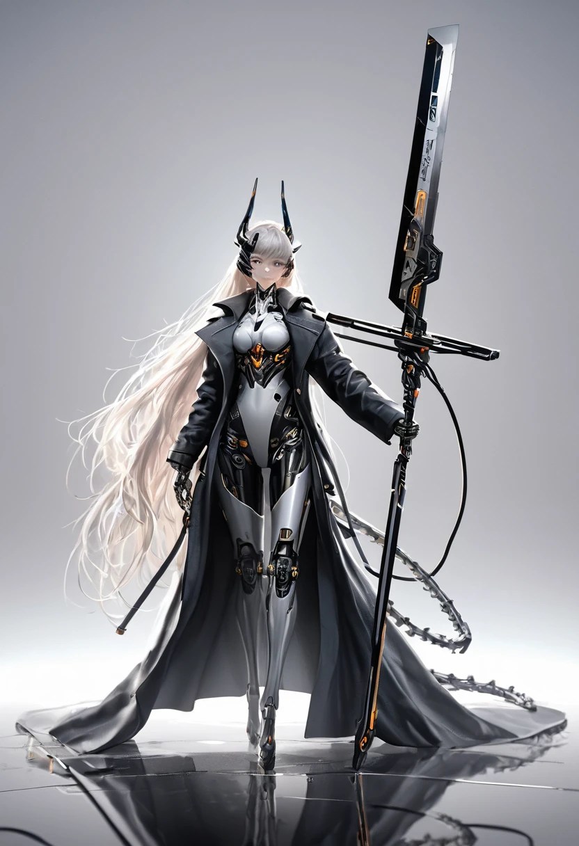 engineering drawing, thin line pen drawing, dark, futuristic silhouette of white dragon cyborg girl, full body, long flowing coat, holding giant greatsword with mechanical gimmick blade, standing on reflective surface against minimalist light grey background