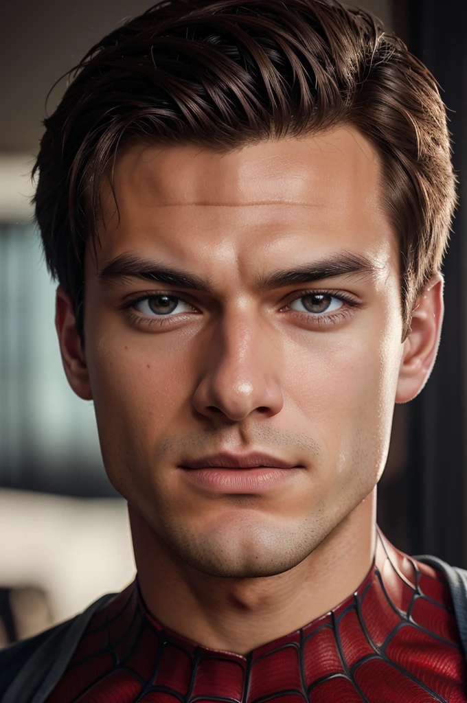 A photograph of spider man, no mask, 20 yo, handsome, detailed face, looking at camera, portrait, 8k uhd, high quality