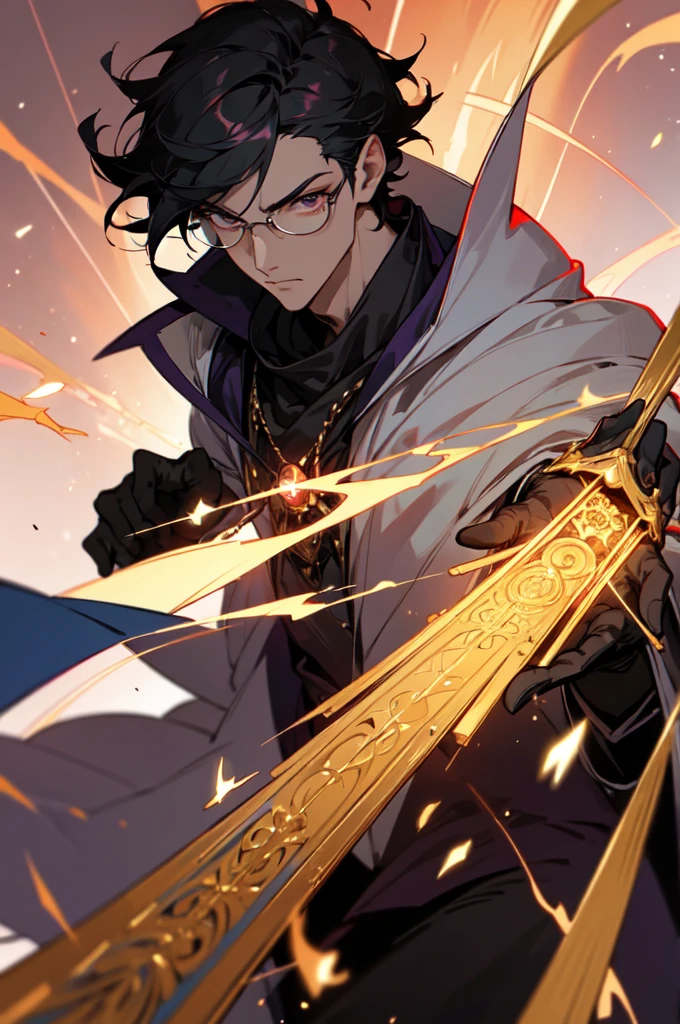 masterpiece, best quality, 1 male, young, tall muscular, handsome, finely detailed eyes, intricate details, black hair, short hair, evil face, solo, upper body, detailed dark shadow background, detailed face, good sorcerer, color magical robes, determined expression, white color scheme, dark crimson light, glowing magical runes, realistic lighting, floating particles, sparks, surrounded by gold lightning red arcane symbols, corrupted by eldritch power, bloom, glasses, gloves