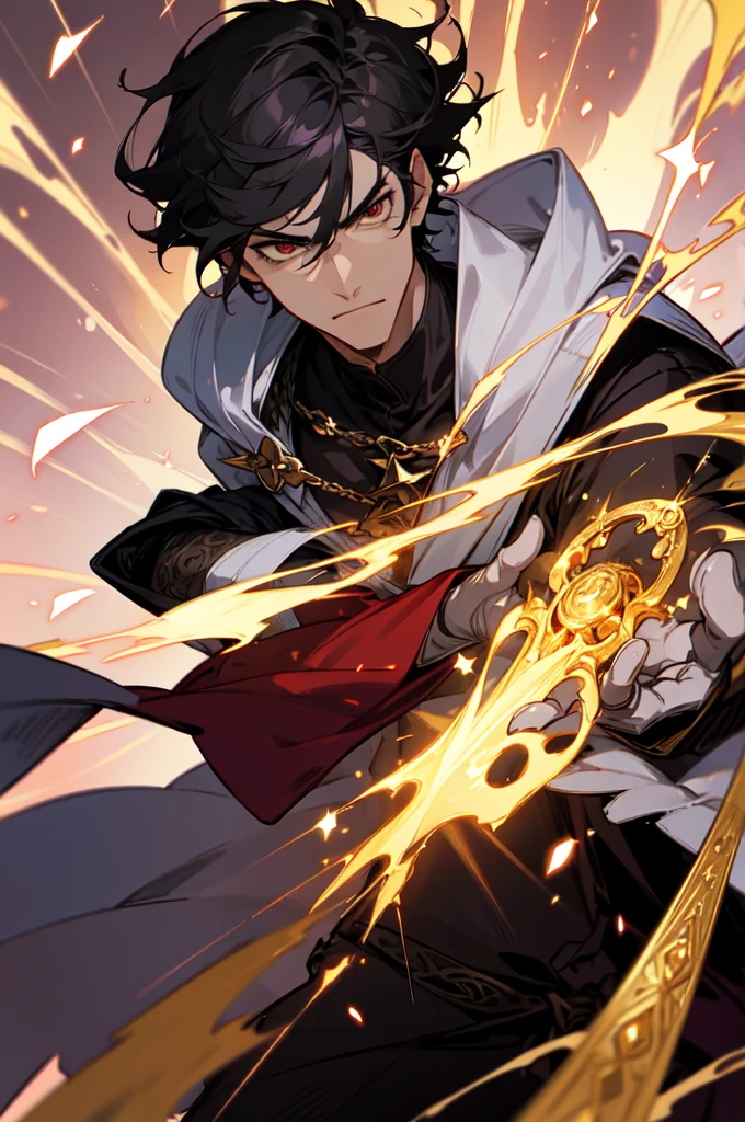 masterpiece, best quality, 1 male, young, tall muscular, handsome, finely detailed eyes, intricate details, black hair, short hair, evil face, solo, upper body, detailed dark shadow background, detailed face, good sorcerer, color magical robes, determined expression, white color scheme, dark crimson light, glowing magical runes, realistic lighting, floating particles, sparks, surrounded by gold lightning red arcane symbols, corrupted by eldritch power, bloom, glasses, gloves