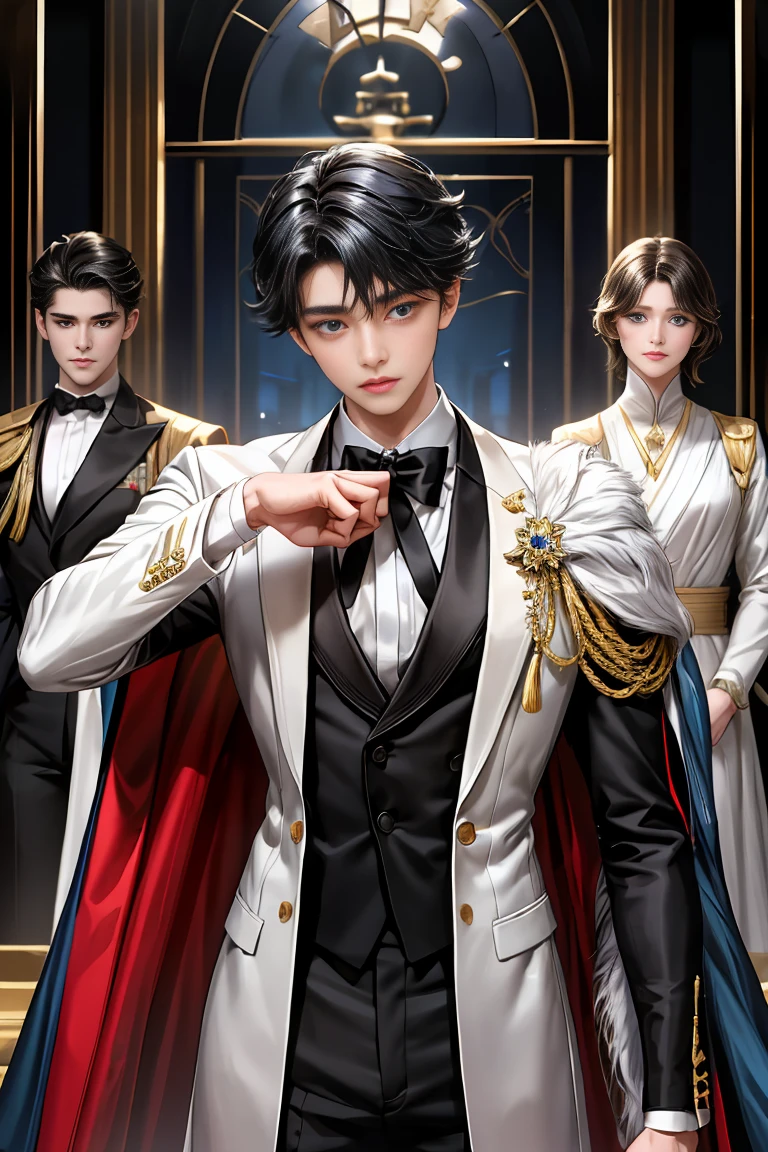 masterpiece、最high quality、high quality、1 boy、One person、Male Focus、Gazing at the audience、Messy black hair、Adorable big blue eyes、White people、noble、noble、Sexy voluminous black and red cape、tuxedo、Very voluminous、big、非常にbig、非常にbig、long、long赤と黒のマント、High stand-up collar、Reach the floor、Made from a variety of fabrics。17 years old、cute美しい男の子、cute、cute、A kind and handsome man