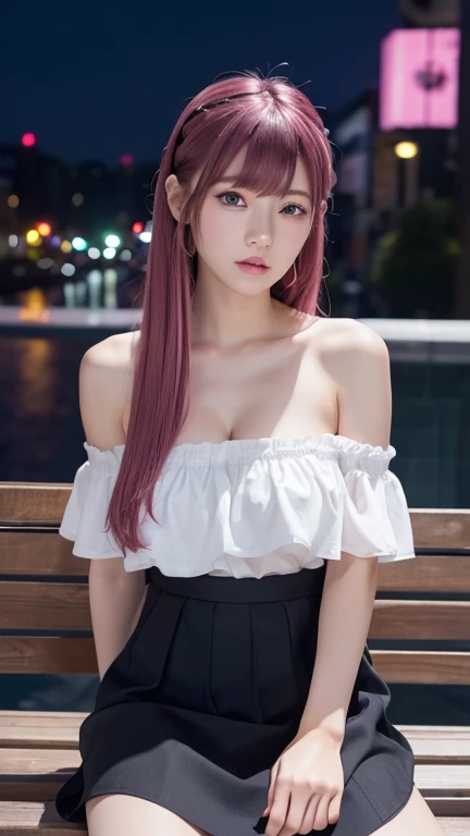 ((Highest quality)),((最high resolution)),((high resolution)),((detailed)),((High definition)),((8K)),((Perfect body)),((Perfect Face)),((Realistic)),((Real)),((Realistic)),((Beauty)),Korean、Stylish cityscape、Outdoor、City、Night view、Black Hair、((Pink hair tips))、Straight long hair、Very dense makeup、((Straight bangs))、Black Mini Skirt、Black ruffled off-the-shoulder top、Exposed Skin、((Place your arms behind your back to support your body))、Slanted Eyes、White Skirt、Sit on a bench、((cross legged)), (big breasts:1.1)、