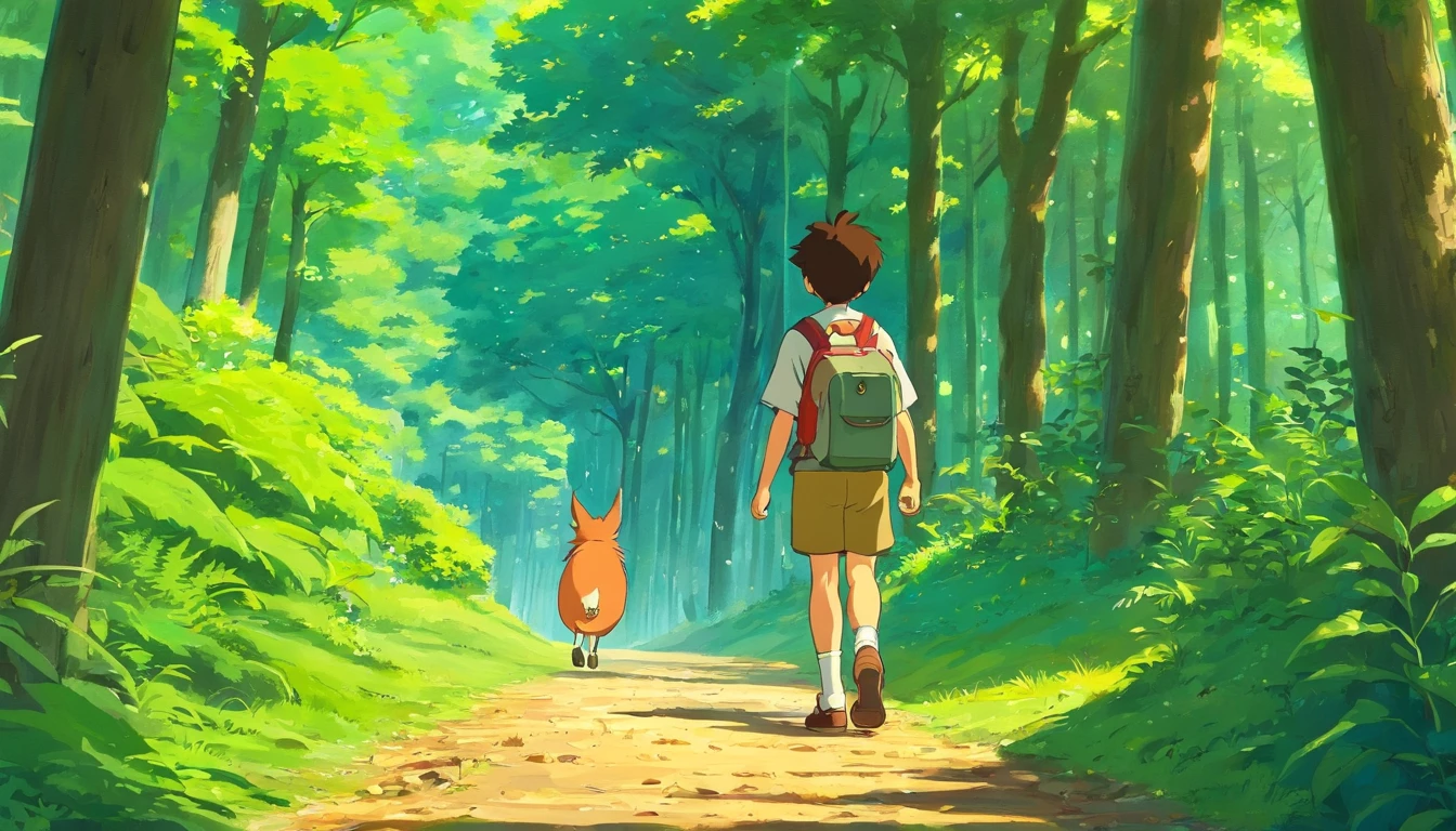 create a boy walking through the dirt streets of a city with a flashlight, in the heart of the forest. It is surrounded by tall, dense trees, the tops of which intertwine above, letting only rays of filtered sunlight through. Houses, built from wood and natural materials, are scattered along the path, with gardens full of local plants and flowers. The boy, with a backpack on his back and a curious look, explores the vibrant and lively environment, with birds singing and leaves rustling in the wind. Create this enchanting scene, capturing the harmony between the simplicity of the city and the richness of the forest around it.