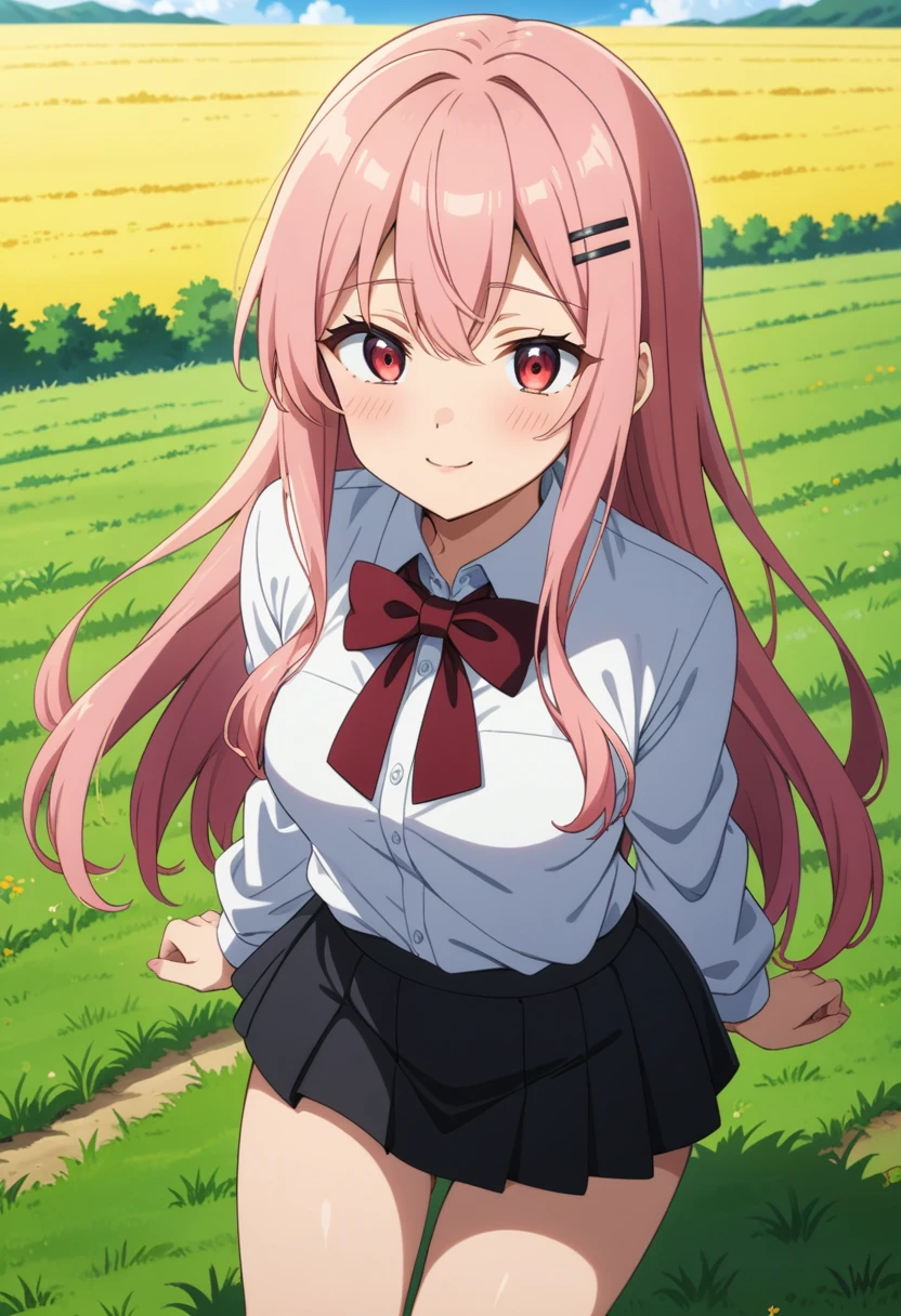 1girl, solo, anime coloring,
long hair, pink hair, red eyes, seductive smile, small breasts, white shirt, red bowtie, hairclip,
field, blue sky,
masterpiece, best quality, very aesthetic, absurdres,Skirt fully visible、Stripes々Panties、Panties in full view、Skirt fully visible、Without skirt、Panties fully exposed、後ろから