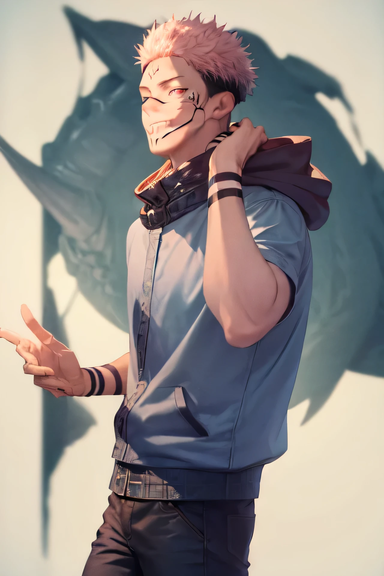 (masterpiece, best quality:1.2), cowboy shot, solo, male focus, 1boy, itadori yuji, facial mark, grin, looking at viewer, hand in pocket, , black jacket, hood
