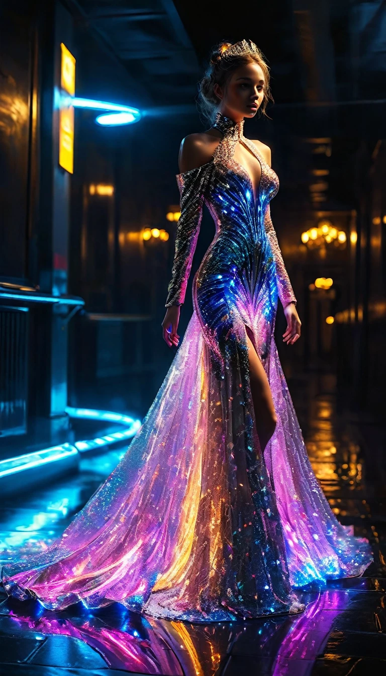 full body shot of beautiful woman weraing a futuristic evening dress with glowing effect, high fashion dress, elegant,long dress, intricate dress design, shimmering fabric, futuristic technology, led lights, bioluminescent dress, glowing patterns, glowing embellishments, holographic accents, dynamic lighting effects, cinematic, dramatic pose, dramatic lighting, dark background, moody atmosphere, vibrant colors, neon colors, photorealistic