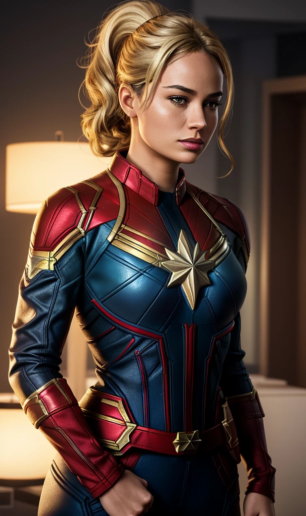 Captain Marvel, 1girl, 8k, uhd, trending on arstation, award winning art, best quality, masterpiece, photorealistic, raw image, , ponytail, thick Latina, lesbian hairstyle