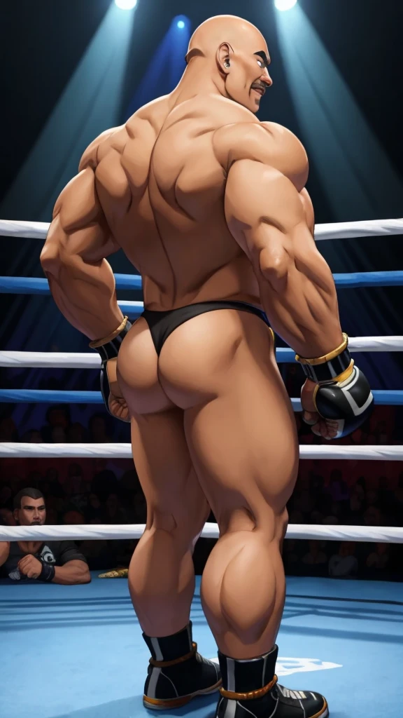 nappa, male focus, solo, 1boy, bald , muscular male, bulk , abs ,black vambraces, veins, pectorals, thighs, black eyes , mustache, (( black micro-thongs )) , tail around waist, (best quality, masterpiece) , full body , NSFW , black boots , dark skin , backside , boxing gloves , boxing ring