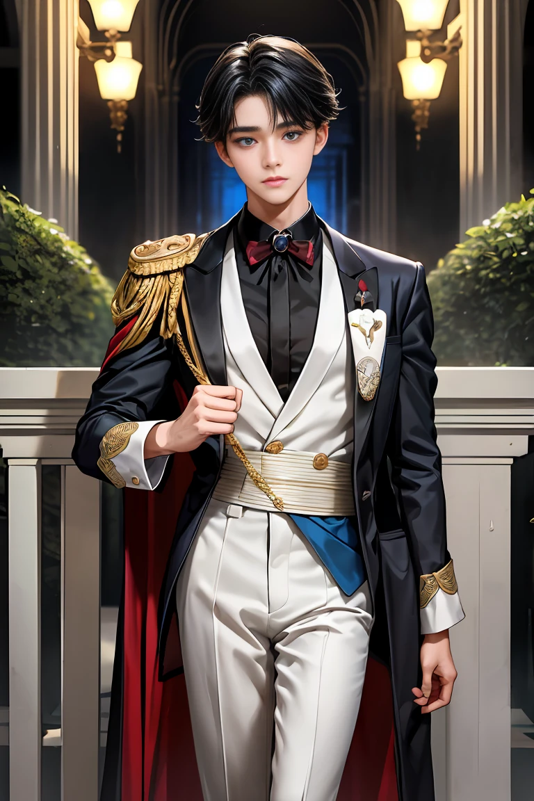 masterpiece、最high quality、high quality、1 boy、One person、Male Focus、Gazing at the audience、Messy black hair、Adorable big blue eyes、White people、noble、noble、Sexy voluminous black and red cape、tuxedo、Very voluminous、big、非常にbig、非常にbig、long、long赤と黒のマント、High stand-up collar、Reach the floor、Made from a variety of fabrics。、、cute美しい男の子、cute、cute、A kind and handsome man