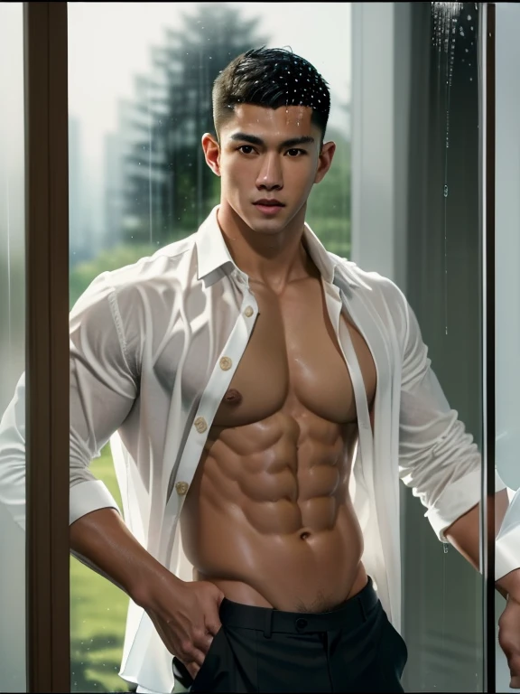 18yo K-pop idol male GV-actor guy, most handsome and virile angular jaw faces and body in the oriental ,
buzz-cut's messy hair, 3% body fat a thin waist, fit, abs, Well-balanced body with broad shoulders, big eyes, angular face, mixed race interracial skin, Various facial expressions and poses,
full body shot,
( scene of Taking off an all unbutton white Formal-shirt:1.6),
not wear pants, wear micro G-sting tong underwear, Underwear clearly bulging,
(In the shower booth with a full-length glass window visible from the outside: Full-length glass window with water droplets), ((A shot taken from the outside towards the glass with water droplets)),
(Minimum Correction:1.5, CG Detail in 8k Wallpaper:1.5, Masterpiece:1.3, Enthusiastically Detailed Photo:1.2), Highly Detailed, ((Masterpiece, Best Quality)),perfect proportions, award-winning,((picture)),
rear projection, shallow depth of field:1.5, strobe light beam peripheral defocus, defined by virile colors, dramatic establishing angle shots from various directions,reflected light,