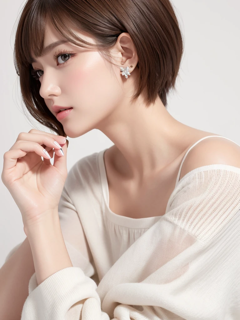 (Highest quality、Tabletop、8K、Best image quality、Award-winning works)、((profile:1.3))、ear、((short hair:1.1)),(Brown Hair)、(White casual clothes:1.2)、(The simplest pure white background:1.3)、(Perfectly fixed in front:1.1),(Portrait with space:1.3)、Beautiful and detailed、Perfect Makeup、Ultra-high definition beauty face、Ultra HD Hair、Ultra-high definition sparkling eyes、Ultra-high quality glossy lips、Accurate anatomy、Very beautiful skin、(Pure white skin shining in ultra-high resolution:1.1)、(Very bright:1.2),Big Natural Color Lip、Lip gloss,Harajuku、cute、cute美人