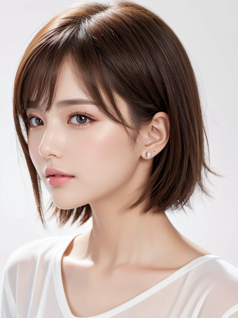 (Highest quality、Tabletop、8K、Best image quality、Award-winning works)、((profile:1.3))、ear、((short hair:1.1)),(Brown Hair)、(White casual clothes:1.2)、(The simplest pure white background:1.3)、(Perfectly fixed in front:1.1),(Portrait with space:1.3)、Beautiful and detailed、Perfect Makeup、Ultra-high definition beauty face、Ultra HD Hair、Ultra-high definition sparkling eyes、Ultra-high quality glossy lips、Accurate anatomy、Very beautiful skin、(Pure white skin shining in ultra-high resolution:1.1)、(Very bright:1.2),Big Natural Color Lip、Lip gloss,Harajuku、cute、cute美人