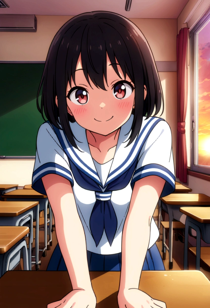 Highest quality、high resolution、Detailed Description、Detailed Background、Accurate depiction、animeスタイル、anime、Cheerful girl、Sailor suit、School、classroom、Sit on a desk、A mischievous smile、Black Short Hair、Big eyes、cute、Sunset