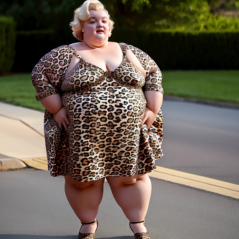 Ssbbw extremely morbidly obese solo Marilyn Monroe full body alone wearing a leopard dress