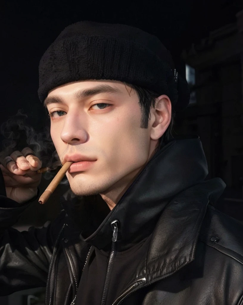 arafed man in a black jacket and hat smoking a cigar, style of seb mckinnon, drainage gang bladee, Kim Taehyung, slightly defined chin, well defined jawline, taken at the beginning of 2020, tab, V de bts, profile pic, cigar, Serpentina do Twitch / gamer ludwig, profile image, thick chin