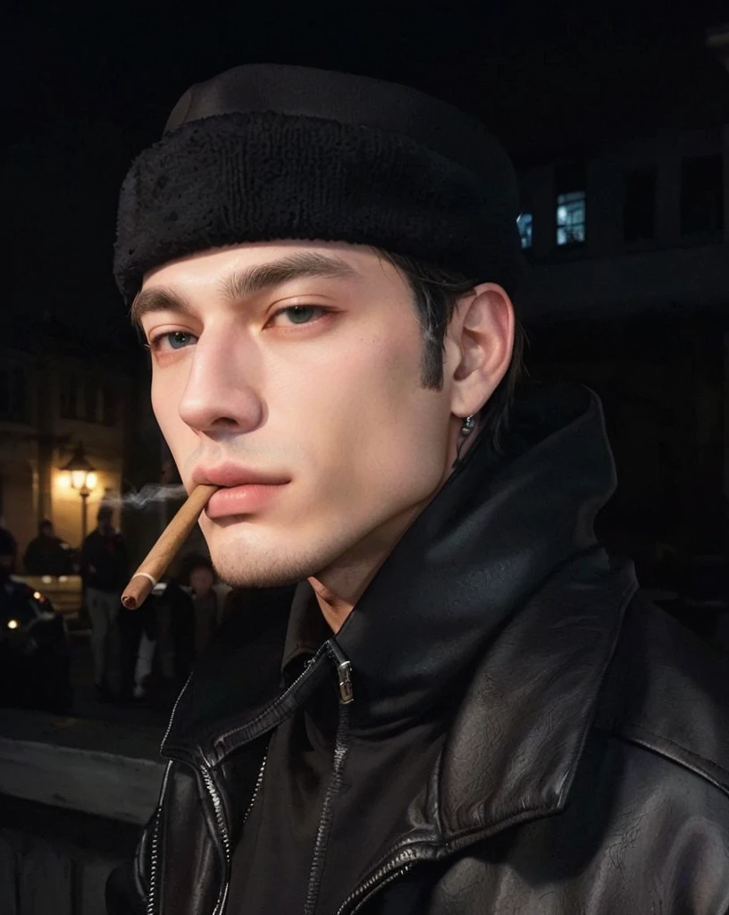 arafed man in a black jacket and hat smoking a cigar, style of seb mckinnon, drainage gang bladee, Kim Taehyung, slightly defined chin, well defined jawline, taken at the beginning of 2020, tab, V de bts, profile pic, cigar, Serpentina do Twitch / gamer ludwig, profile image, thick chin