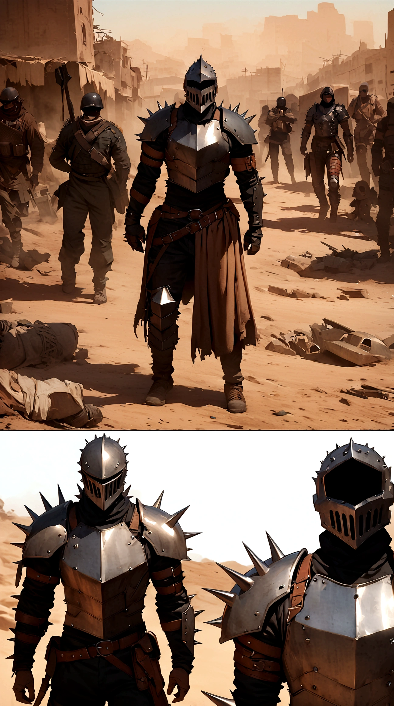 (masterpiece), best quality, faceless, hidden face, soldier, Male post apoclayptic, raider, Mad max armor, vey spiky and flashy armor, metal spikes, scrap armor, post apocalyptic scrap armor, Human bones in the armor, Bandit, scrap and bones armor, uneven armor, Cage helmet, mad max fallout inspired