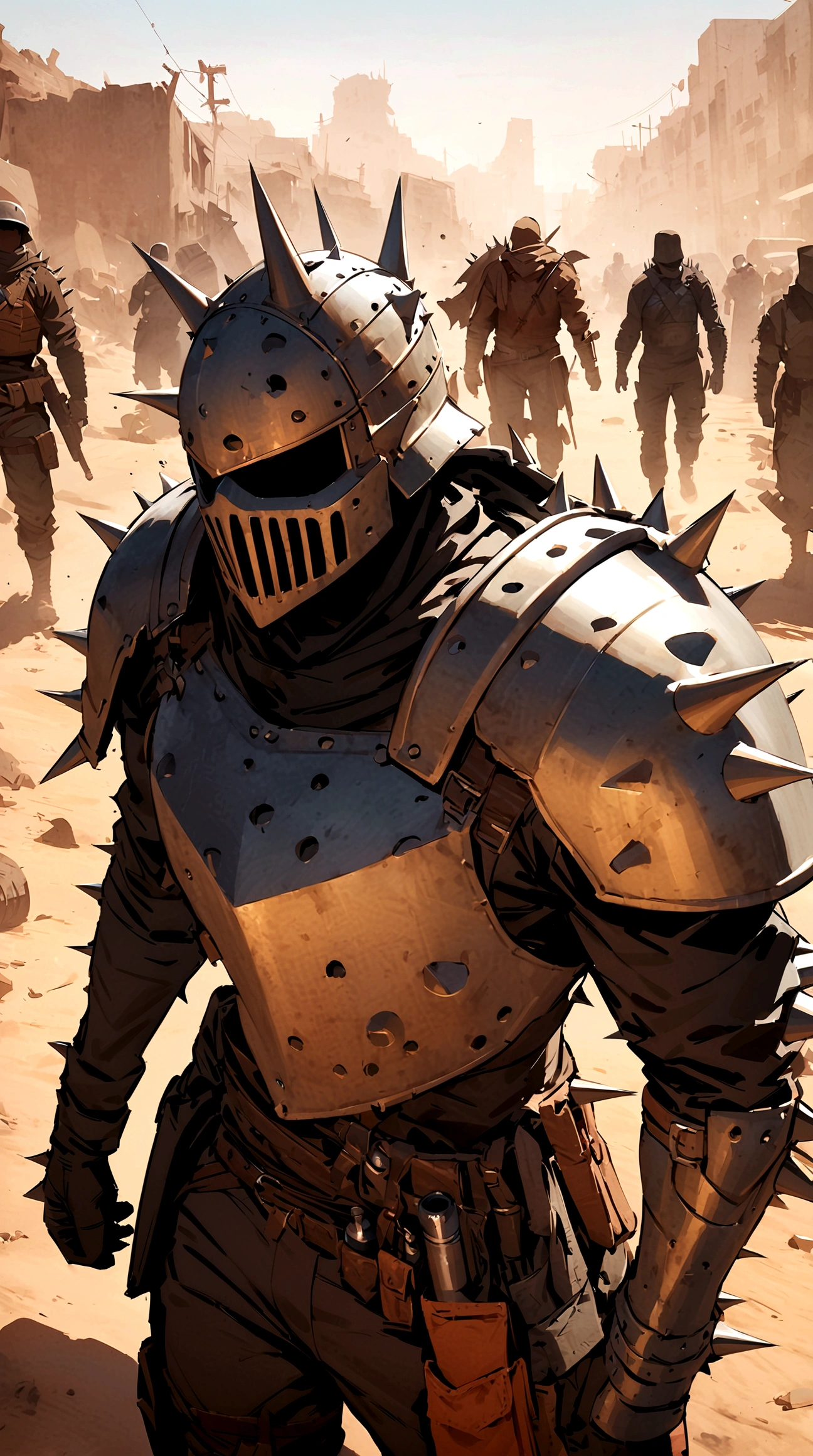 (masterpiece), best quality, faceless, hidden face, soldier, Male post apoclayptic, raider, Mad max armor, vey spiky and flashy armor, metal spikes, scrap armor, post apocalyptic scrap armor, Human bones in the armor, Bandit, scrap and bones armor, uneven armor, Cage helmet, mad max fallout inspired