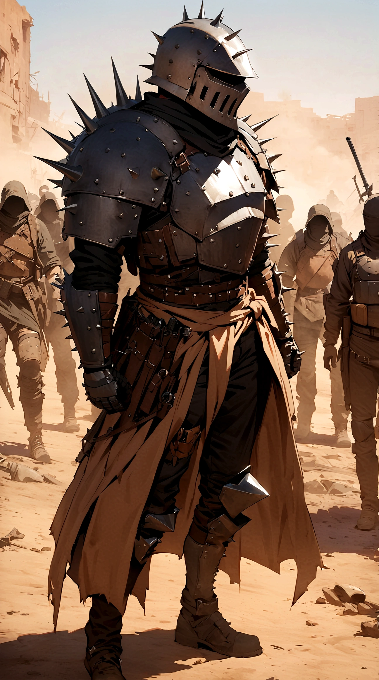 (masterpiece), best quality, faceless, hidden face, soldier, Male post apoclayptic, raider, Mad max armor, vey spiky and flashy armor, metal spikes, scrap armor, post apocalyptic scrap armor, Human bones in the armor, Bandit, scrap and bones armor, uneven armor, Cage helmet, mad max fallout inspired