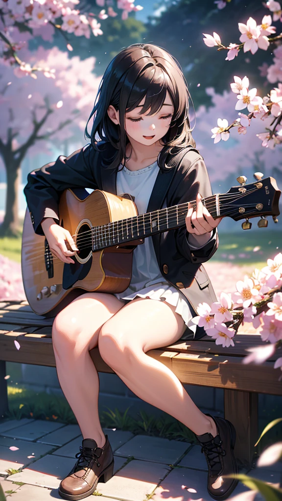 a young girl playing guitar, singing, delicate fingers, black hair, cute, , under cherry blossom tree, spring, bright sunlight, happy, full body, sitting on bench, best quality,4k,8k,highres,masterpiece:1.2,ultra-detailed,(realistic,photorealistic,photo-realistic:1.37),cinematic lighting,vivid colors,intricate details,elegant,beautiful