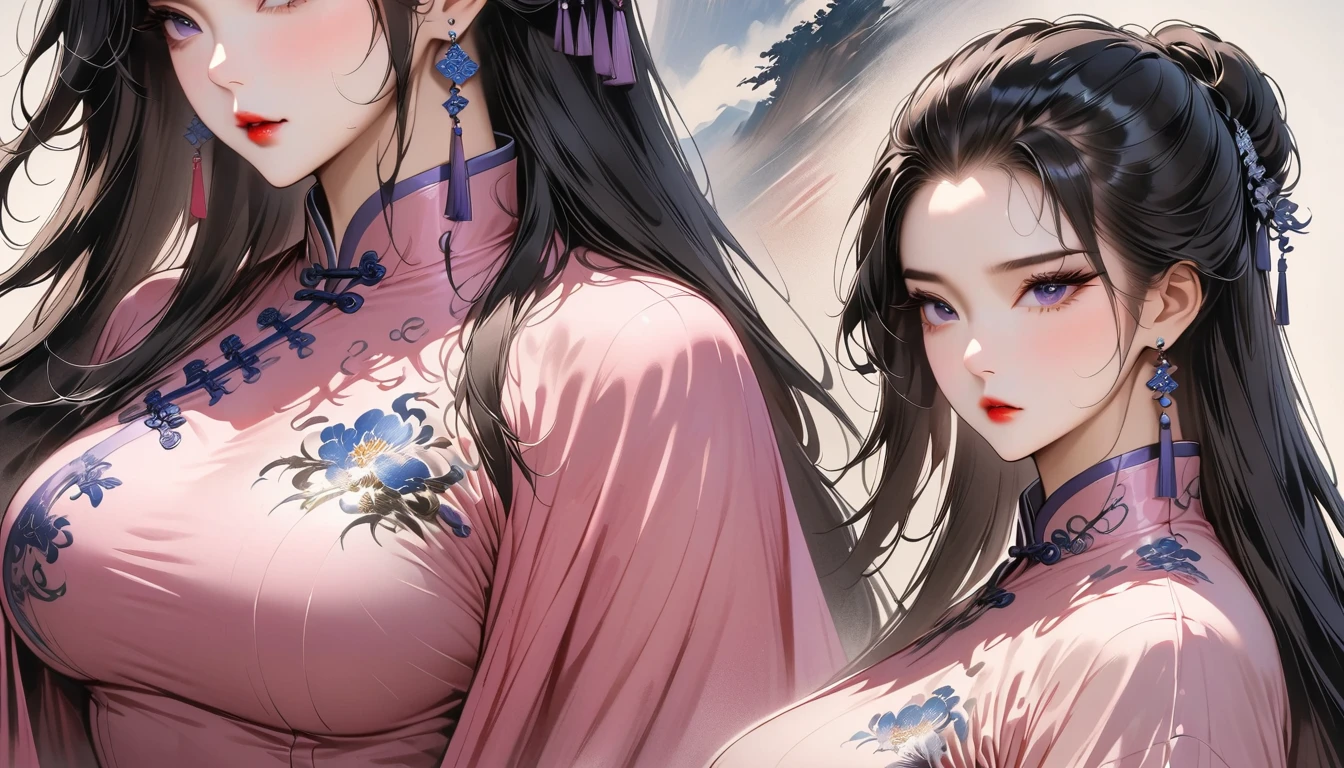 (Masterpiece, Best Quality: 1.3), 1girl, (Conservatively Dressed: 1.8), pink-purple cheongsam, pink-purple qipao, (Mature: 1.4), Cold Eyes, Gorgeous Accessories, Fluttering Cloak, very aesthetic, national painting, Clothing ink painting style, medium shot, bangs pinned back, gradient hair, high detail, Masterpiece, super detail, best quality
