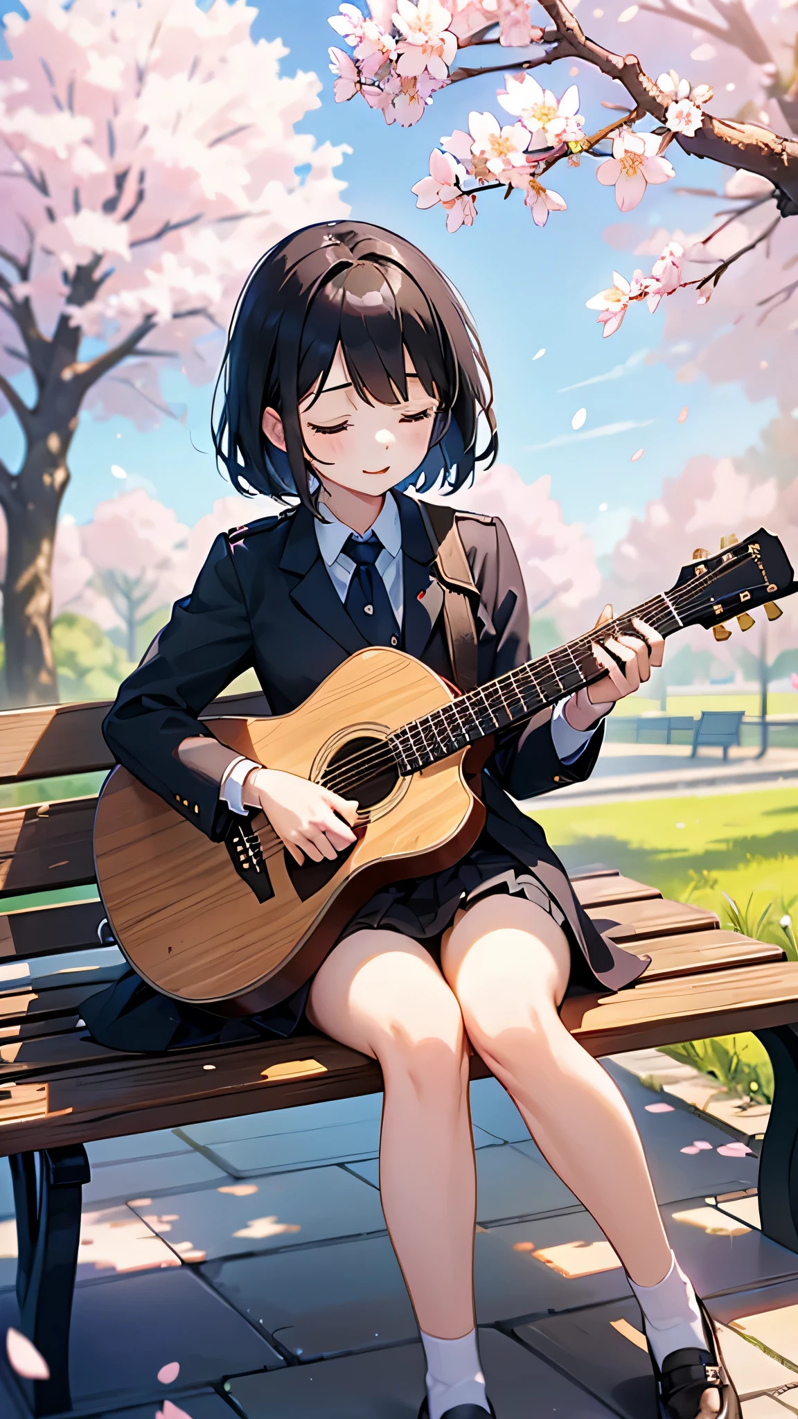 girl with a guitar、While singing、Playing guitar、Delicate fingers etc.、Black Hair、cute、uniform、Under the cherry blossom trees、spring、Bright sunshine、looks fun、whole body、while sitting on the bench、high resolution、High definition