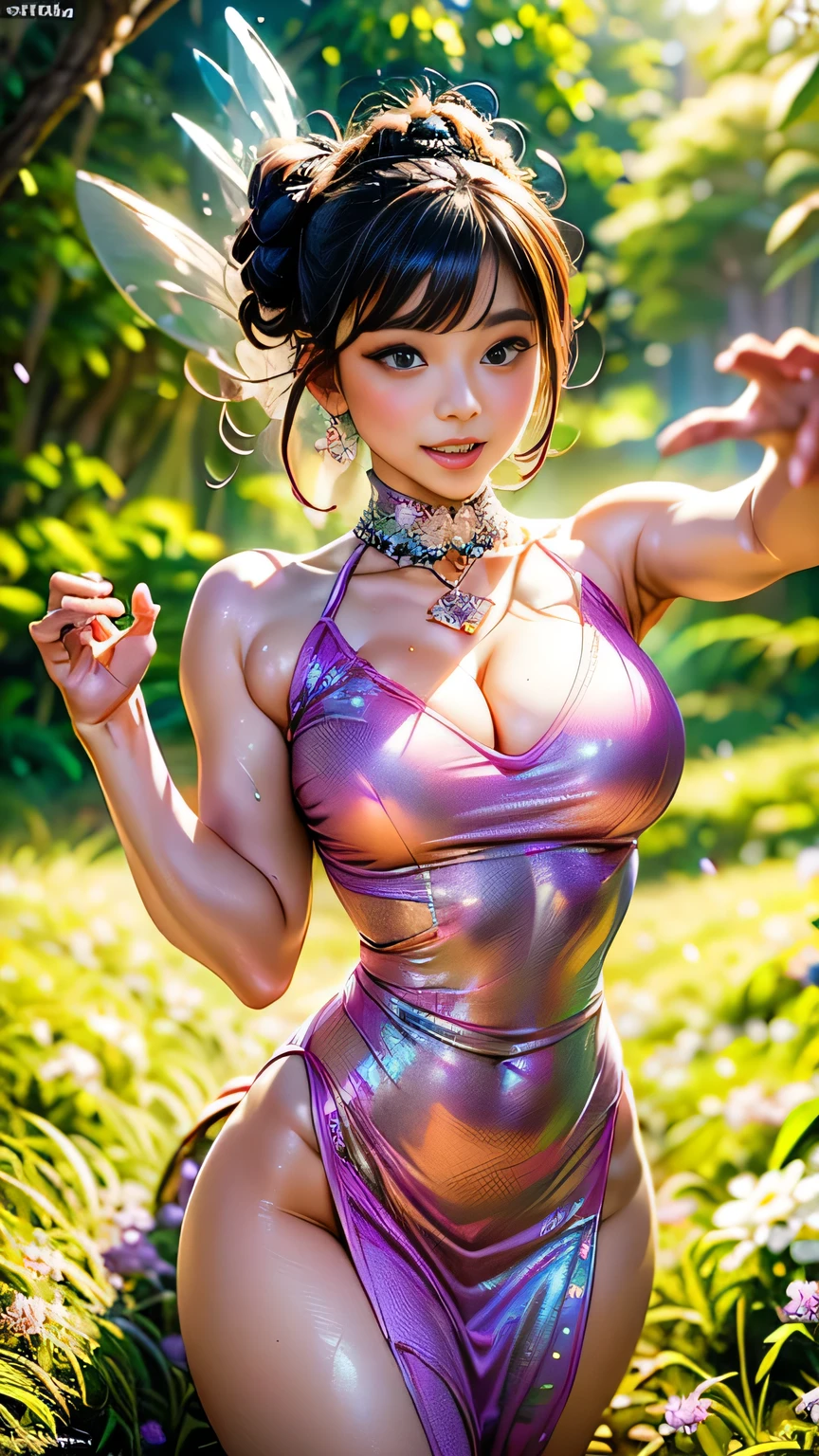 Accurate, Top Quality, Masterpiece, Precision, Ultra Detailed, Anatomically Correct, Meticulous, High Quality, (Photorealistic: 1.2), Sharp Focus, Cute Girl, Cowboy Shot, Translucent Red Dress, (Made of Crystals), (Balloon Forest Theme, Great Colors, Detailed Design,), Portrait, Dream, Normal Chest, Thin Waist, Wide Hips, Sexy Thighs, Sweet, Fairy Tale Iridescent Pearls, Lots of Beautiful Flowers, Dynamic Pose, Change Pose, Dynamic Angles, Round Face, Black Hair, Long Eyelashes, Round Eyes, (Beautiful Face, Detailed and Perfect Face, Big and Even Eyes, ), Cute Hairstyle, Crescent Hair Ornament, Perspective, Depth of Field, Film Lighting, Textured Skin, (Field of Depth: 1.3), (((Blur))), Beautiful Hands, Accurate Anatomy Fingers, Five Fingers,