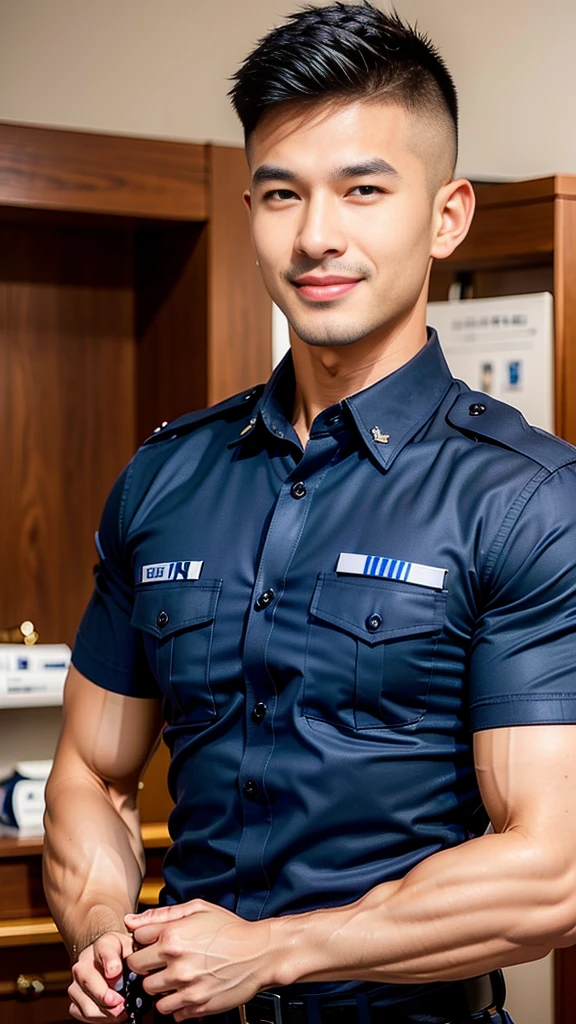 
(Create a masterpiece: 1.2),(CGI art:1.3),(realistic:1.5),(After processing:1.3),(Sharp focus:1.3),10,1 man, smile, (wearing a police shirt Navy blue, short sleeve),  Korean guy , korean men, (High gloss details), chest muscles, large arm muscles, blood vessel, Big muscles, Broad shoulders, looking at the audience, Balancing the eyes, desert