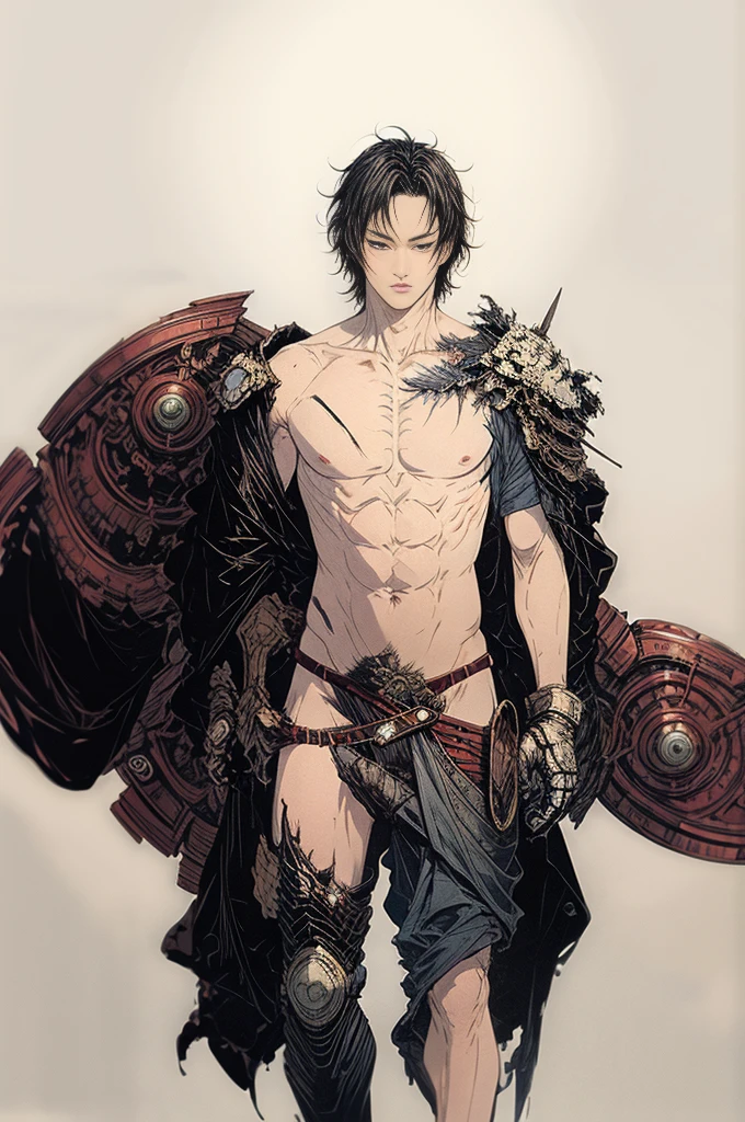 best quality,masterpiece,Ultra-high resolution,1 handsome young sexy naked man,looking at the audience,one,Yamamoto Takashi style,
simple background,White_background,Machinery Division,Exoskeleton,Cold-blooded man,tough guy style,Ice cooler,countless blades