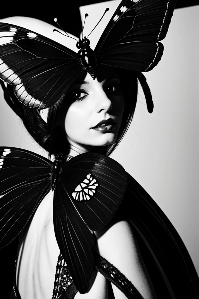 Make an image of a gothic butterfly in black and white