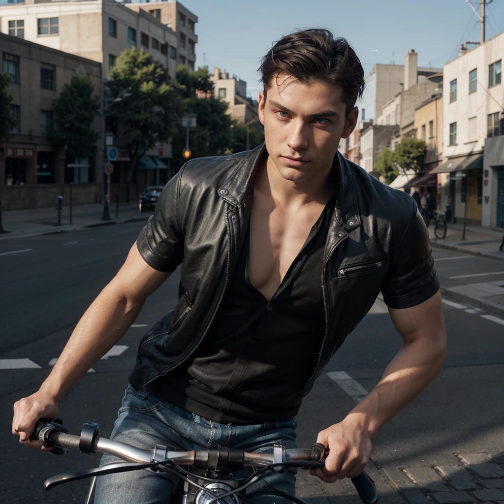 1 male, Beautiful boy, Body Length 180, 20 years old, (black short hair, Street hairstyle) , ((red eyes)), realistic eyes, beautiful and sharp eyes), Men's Clothing, Biker clothing, muscles, (8k wallpaper), (street background) 8k, Quilty Altitude, Realistic, Beautiful realism, outstanding detail, RAW photo, Realistic clothes, Black hair, realistic hair, realistic eyes, Light and cool lighting, realistic photo, Cel shaded, Gel lighting, ultra-detail, ((Street bike riding)), (In the morning)