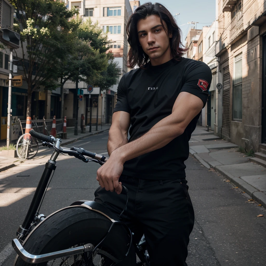 1 male, Beautiful boy, Body Length 180, 20 years old, (black short hair, Street hairstyle) , ((red eyes)), realistic eyes, beautiful and sharp eyes), Men's Clothing, Biker clothing, muscles, (8k wallpaper), (street background) 8k, Quilty Altitude, Realistic, Beautiful realism, outstanding detail, RAW photo, Realistic clothes, Black hair, realistic hair, realistic eyes, Light and cool lighting, realistic photo, Cel shaded, Gel lighting, ultra-detail, ((Street bike riding)), (In the morning)
