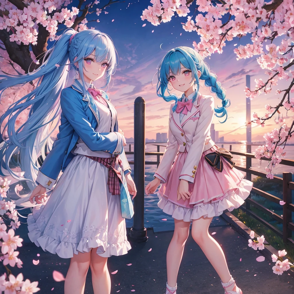 sky Blue hair, (braided ponytail),(pink eyes),fair skin ,(full body),1 girl,happy smile,Spring, cherry blossoms,uniform,blazer,Straight Bangs,(masterpiece, best quality, ultra-detailed, best shadow), (detailed background), (beautiful detailed face), high contrast, (best illumination, an extremely delicate and beautiful), ((cinematic light)), colorful, hyper detail, dramatic light, intricate details,Cherry blossom petals fluttering