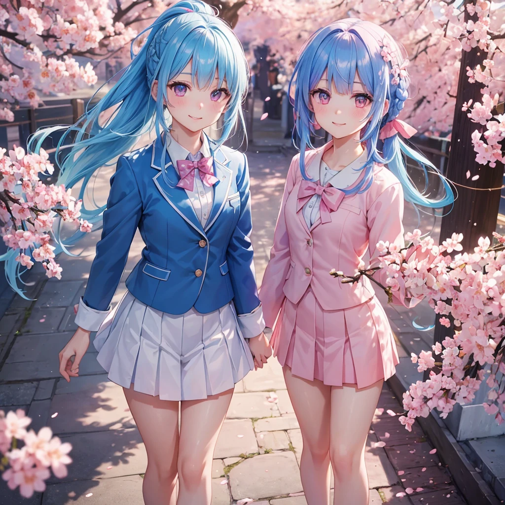sky Blue hair, (braided ponytail),(pink eyes),fair skin ,(full body),1 girl,happy smile,Spring, cherry blossoms,uniform,blazer,Straight Bangs,(masterpiece, best quality, ultra-detailed, best shadow), (detailed background), (beautiful detailed face), high contrast, (best illumination, an extremely delicate and beautiful), ((cinematic light)), colorful, hyper detail, dramatic light, intricate details,Cherry blossom petals fluttering