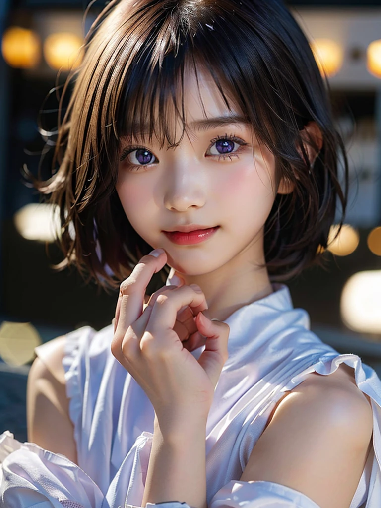 (Beautiful Japanese Girl), 1girl, solo, 10 years old, (smile:1.25), break, 
(Shot with a Canon EOS 5D Mark 4 and a Canon EF 85mm F1 lens.2L Lens, F-stop 1.2, ISO50, Shutter speed ), break, 
(close up:1.5), (Looking at the camera :1.3), break, 
beautiful and Fine Eyes, perfection, perfection, Rolling your eyes, Detailed face, Fine Eyes, Superior Quality, masterpiece, Very detailed, High level of detail, Many details, high quality, Cinematic Light, Real Hands, (Ultra-realistic:1.3), perfection eyes, Detailed skin, Skin wounds, Lip gloss, break, 
kyriedef, hair over one eye, short hair,  (hair over one eye:1.5), tanned skin