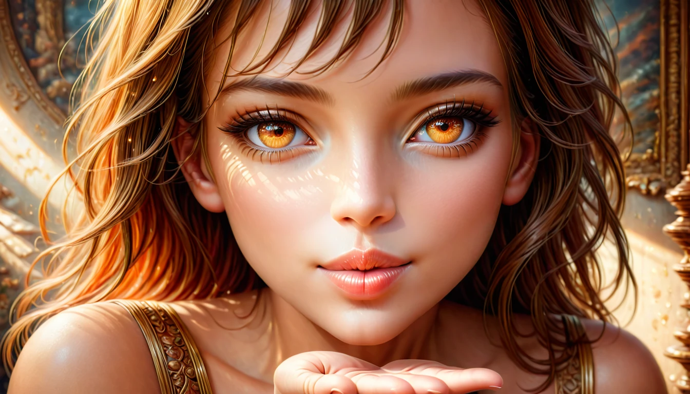 A young woman, beautiful detailed eyes, beautiful detailed lips, extremely detailed face and skin, long eyelashes, blowing a kiss to the viewer, smiling, elegant expression, soft lighting, warm color tones, cinematic composition, (best quality,4k,8k,highres,masterpiece:1.2),ultra-detailed,(realistic,photorealistic,photo-realistic:1.37), full body,natural lighting,detailed background,intricate details,warm color palette,dreamy atmosphere, Blowing A Kiss From Hand
