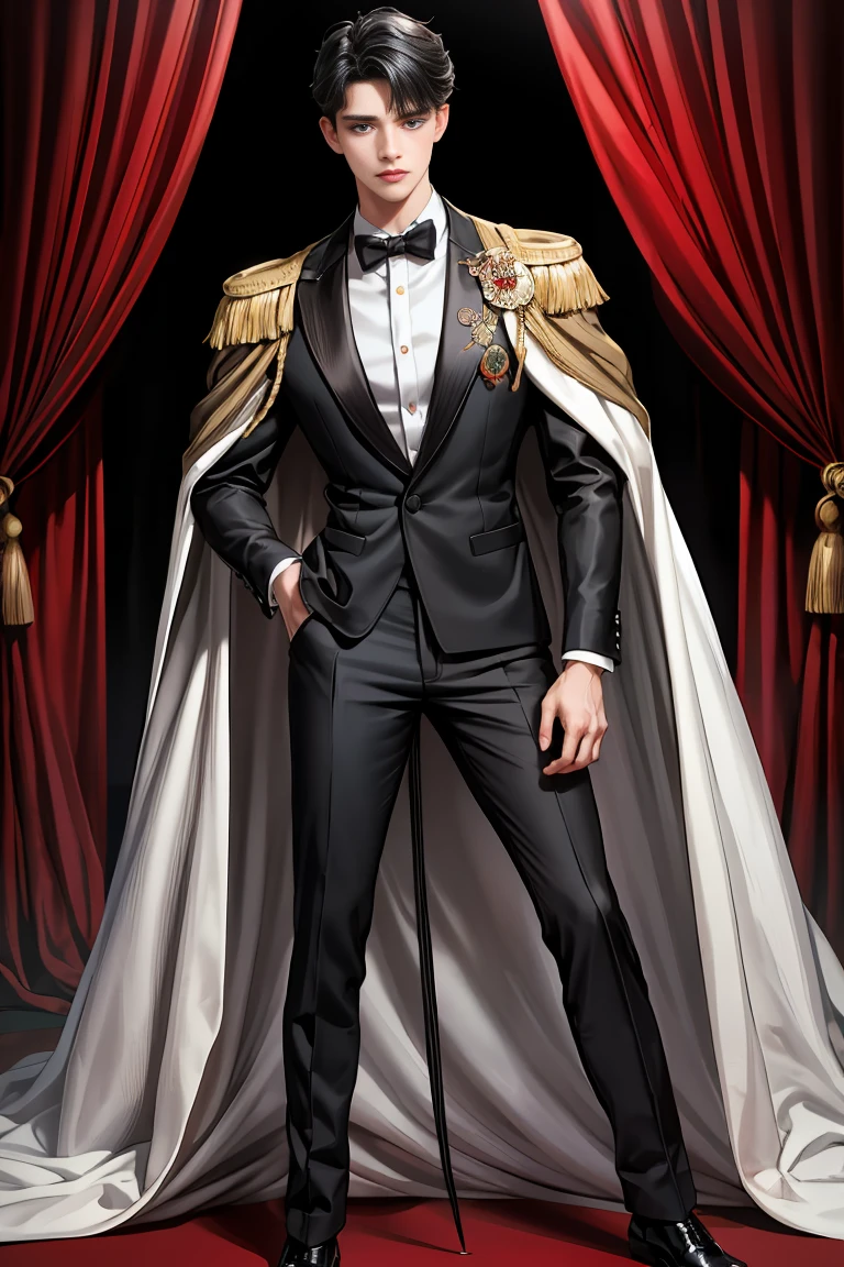 masterpiece, 最high quality, high quality, 1 boy, alone, Male focus, Watching the audience, Messy black hair, Adorable big blue eyes, White people, Noble, Noble,Sexy voluminous black and red cape、Tuxedo、A very voluminous, large, very large, very large, long, long red and black cape with a high stand-up collar, reaching down to the floor, made of a lot of fabric., ,Cute beautiful boys,Cute, cute, kind, handsome guy