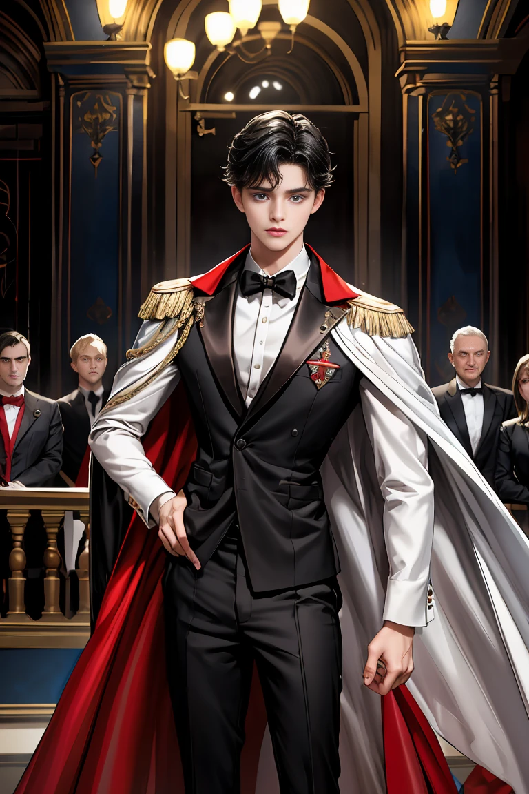 
masterpiece, 最high quality, high quality, 1 boy, alone, Male focus, Watching the audience,  Messy black hair, Adorable big blue eyes, White people, Noble, Noble,Sexy voluminous black and red cape、Tuxedo、A very voluminous, large, very large, very large, long, long red and black cape with a high stand-up collar, reaching down to the floor, made of a lot of fabric., 17 years old,Cute beautiful boys,Cute, cute, kind, handsome guy