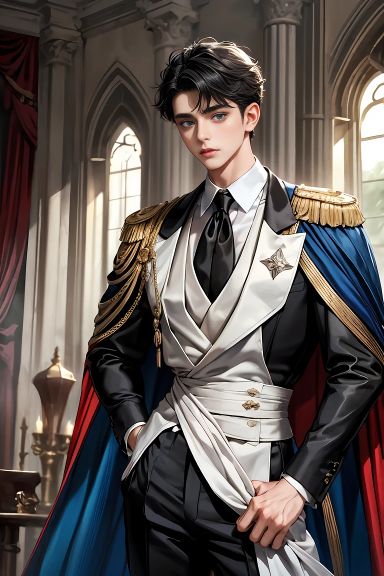 
masterpiece, 最high quality, high quality, 1 boy, alone, Male focus, Watching the audience,  Messy black hair, Adorable big blue eyes, White people, Noble, Noble,Sexy voluminous cape、Tuxedo、A very voluminous, large, very large, very large, long, long red and black cape with a high stand-up collar, reaching down to the floor, made of a lot of fabric., 17 years old,Cute beautiful boys,Cute, cute, kind, handsome guy