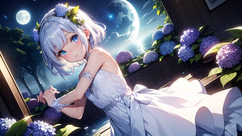 Best quality、Photorealistic、Ultra-detailed、delicate、Orderly、High Detail、Bluish Silver Short Bob、(Drooping heterochromia iris,glowing eyes、Sparkling Eyes:1.3)、slender、(One girl:1.2)、(moon、night、Night Sky、Dark night、Glowing Hydrangea、Mysterious Light、Dutch Angle、Dancing Girl:1.3)、Ambient Occlusion、Ambient Light、Ray-traced Reflections、Glow、Shiny Hair、
