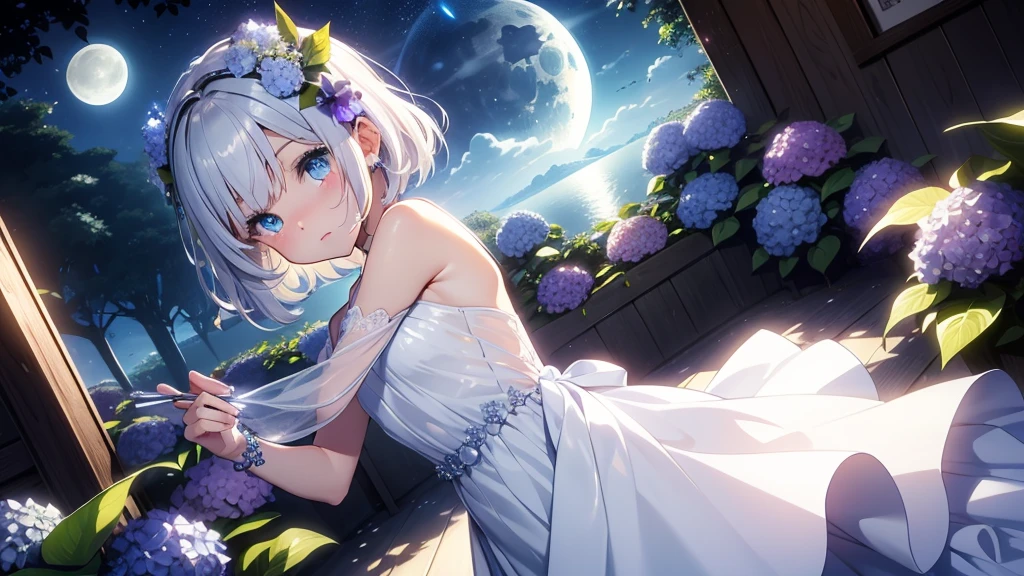 Best quality、Photorealistic、Ultra-detailed、delicate、Orderly、High Detail、Bluish Silver Short Bob、(Drooping heterochromia iris,glowing eyes、Sparkling Eyes:1.3)、slender、(One girl:1.2)、(moon、night、Night Sky、Dark night、Glowing Hydrangea、Mysterious Light、Dutch Angle、Dancing Girl:1.3)、Ambient Occlusion、Ambient Light、Ray-traced Reflections、Glow、Shiny Hair、
